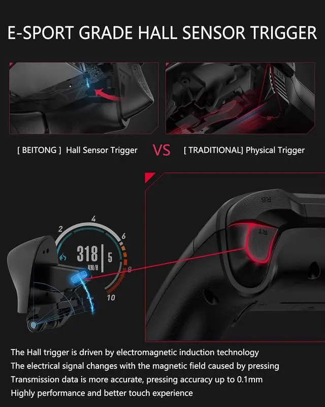 Alt view image 4 of 7 - PC Game Controller Wireless Gamepad Hall Effect Trigger Joystick For Windows 7 8 10 11,Android TV,Steam,Tesla,Simulator,with Programmable M Buttons - Asura 2 Pro Black