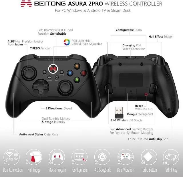 Alt view image 2 of 7 - PC Game Controller Wireless Gamepad Hall Effect Trigger Joystick For Windows 7 8 10 11,Android TV,Steam,Tesla,Simulator,with Programmable M Buttons - Asura 2 Pro Black
