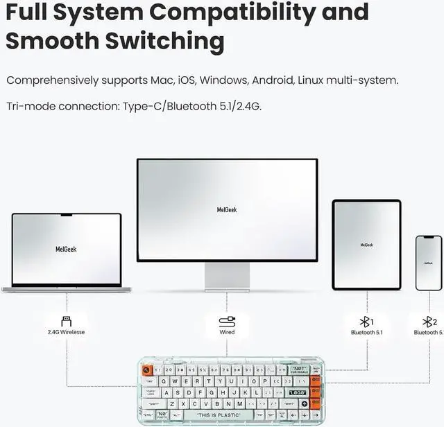 Alt view image 2 of 7 - Plastic Advance Transparent 68 Keys Mechanical Gaming Keyboard, Programmable Hot Swappable Wireless Mini Rechargeable Keyboard Rainbow LED Backlit 65% Bluetooth/2.4G/USB - White