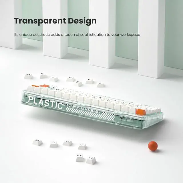 Alt view image 6 of 7 - Plastic Advance Transparent 68 Keys Mechanical Gaming Keyboard, Programmable Hot Swappable Wireless Mini Rechargeable Keyboard Rainbow LED Backlit 65% Bluetooth/2.4G/USB - White