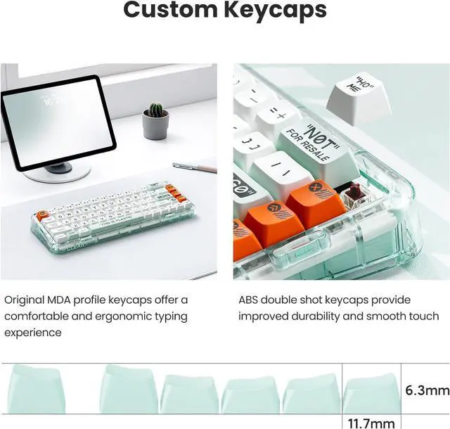 Alt view image 5 of 7 - Plastic Advance Transparent 68 Keys Mechanical Gaming Keyboard, Programmable Hot Swappable Wireless Mini Rechargeable Keyboard Rainbow LED Backlit 65% Bluetooth/2.4G/USB - White