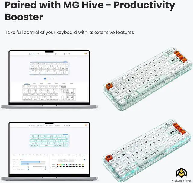 Alt view image 3 of 7 - Plastic Advance Transparent 68 Keys Mechanical Gaming Keyboard, Programmable Hot Swappable Wireless Mini Rechargeable Keyboard Rainbow LED Backlit 65% Bluetooth/2.4G/USB - White