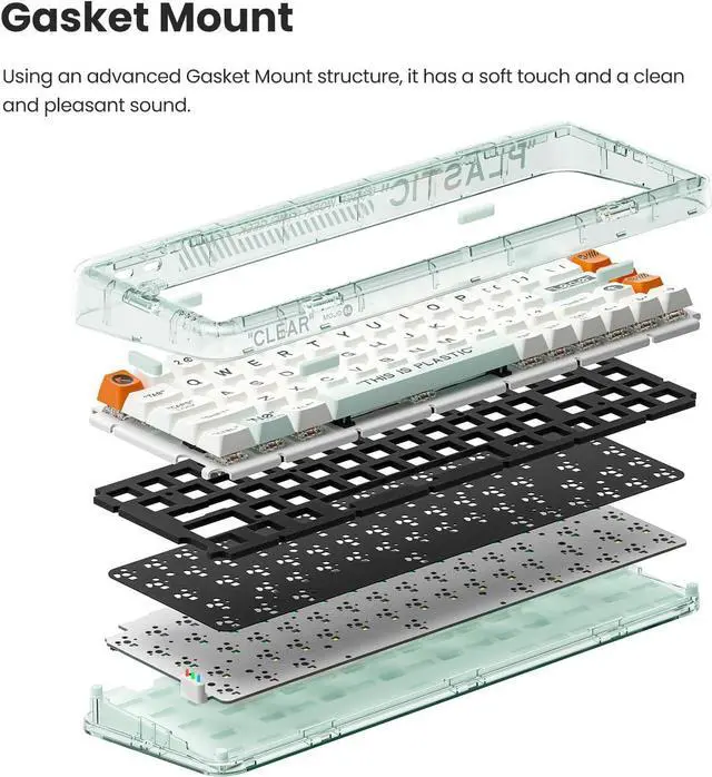 Alt view image 4 of 7 - Plastic Advance Transparent 68 Keys Mechanical Gaming Keyboard, Programmable Hot Swappable Wireless Mini Rechargeable Keyboard Rainbow LED Backlit 65% Bluetooth/2.4G/USB - White