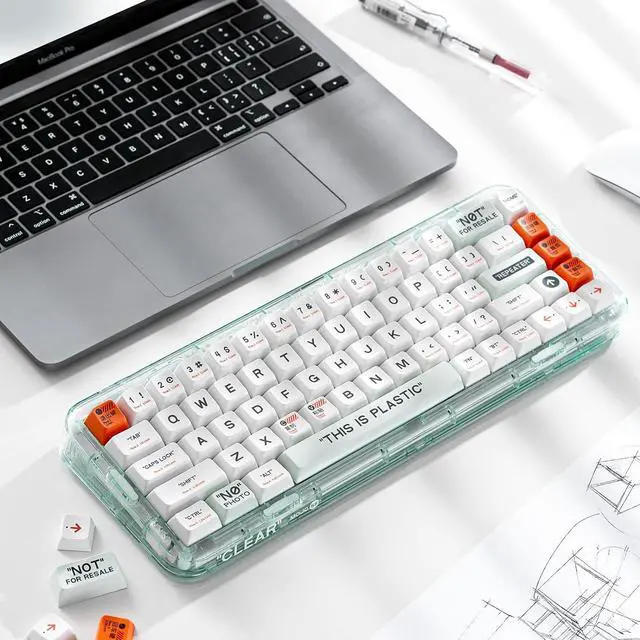 Alt view image 7 of 7 - Plastic Advance Transparent 68 Keys Mechanical Gaming Keyboard, Programmable Hot Swappable Wireless Mini Rechargeable Keyboard Rainbow LED Backlit 65% Bluetooth/2.4G/USB - White