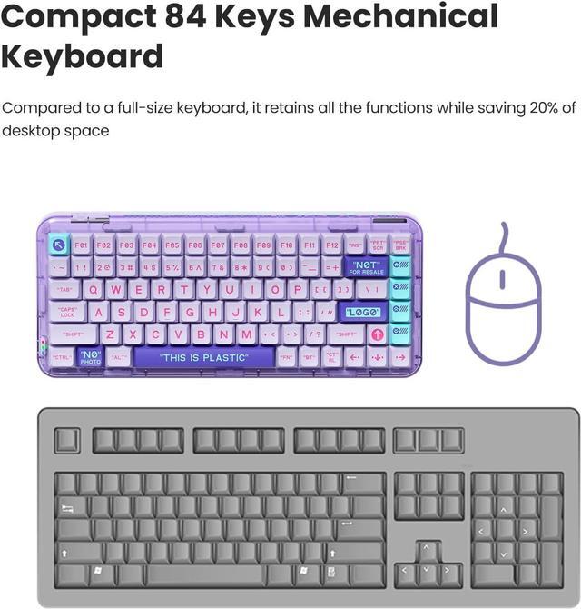 Alt view image 6 of 7 - Plastic Transparent Rechargeable 84 Keys Mechanical Keyboard ,Programmable Hot Swappable Wireless Gaming Keyboard Rainbow LED Backlit 75% Bluetooth/2.4G/USB - Purple