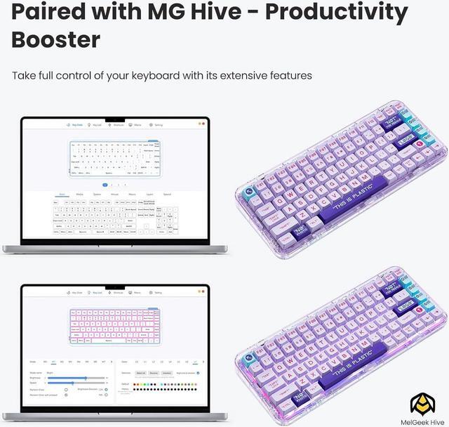 Alt view image 3 of 7 - Plastic Transparent Rechargeable 84 Keys Mechanical Keyboard ,Programmable Hot Swappable Wireless Gaming Keyboard Rainbow LED Backlit 75% Bluetooth/2.4G/USB - Purple