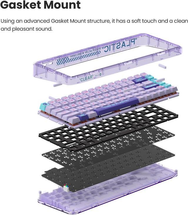 Alt view image 4 of 7 - Plastic Transparent Rechargeable 84 Keys Mechanical Keyboard ,Programmable Hot Swappable Wireless Gaming Keyboard Rainbow LED Backlit 75% Bluetooth/2.4G/USB - Purple