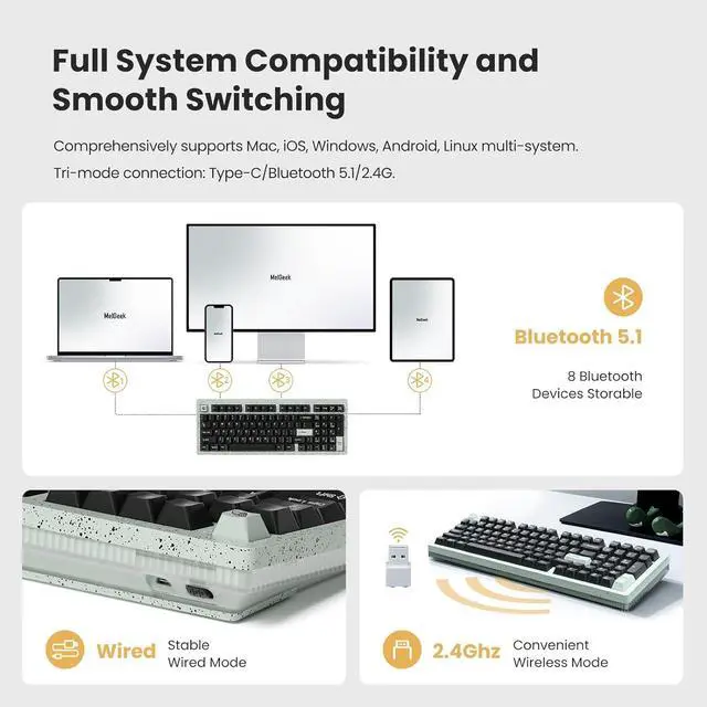 Alt view image 2 of 7 - Fountain Black Gaming 90% with 97 Keys Wireless Keyboard Rechargeable Rainbow LED Backlit for Home Office Keyboard Compatible for Windows Desktop, Laptop, PC