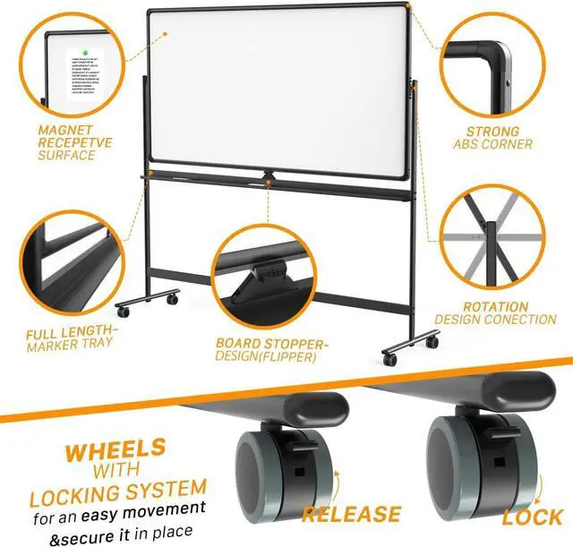 Alt view image 3 of 6 - Dry Erase Whiteboard Easel on Wheels 70'' x 36'' Large Double Sided Mobile Whiteboard, Reversible Magnetic Rolling White Board for Home Office Classroom, Flip Chart Holders and Paper Pad