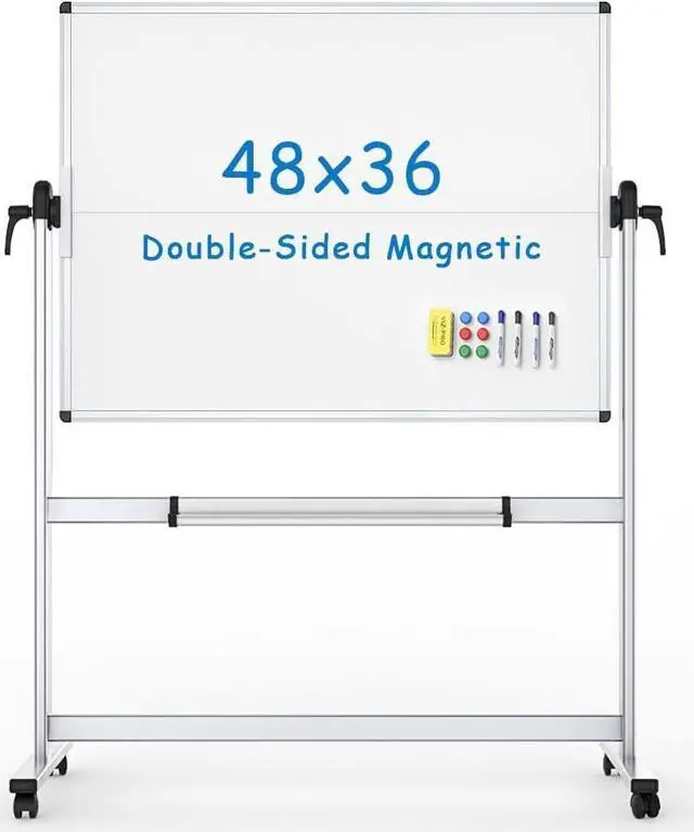 Main image of Double-Sided Mobile Whiteboard, 48 x 36 Inches, Magnetic Rolling Dry Erase White Board on Wheels with Aluminium Frame and Stand