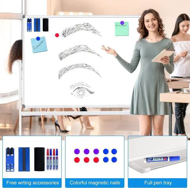 Alt view image 4 of 5 - Rolling Magnetic Whiteboard 48" X 36", Double-Sided Dry Erase Board with Stand Whiteboard on Wheels, Large Mobile White Board