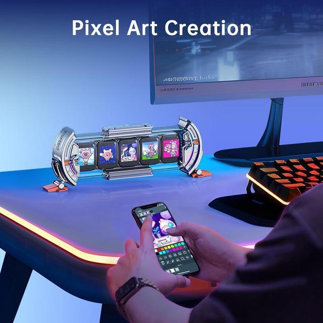Alt view image 4 of 6 - Divoom Times Gate - Cyberpunk Gaming Setup Digital Clock with Smart APP Control, WiFi Connect, RGB LED Display, Personalized Dashboard, Pixel Art for Gaming Room & Office Decor(Sliver)