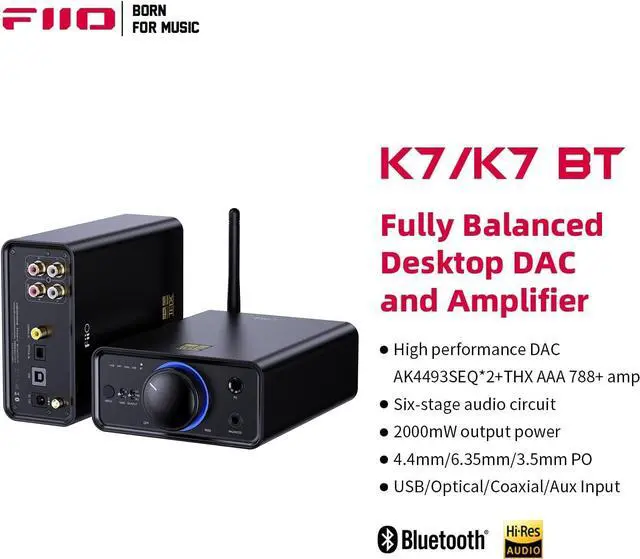 Alt view image 4 of 7 - FiiO K7BT Balanced HiFi DAC Bluetooth Headphone Amplifier AK4493S*2, XMOS XU208 PCM384kHz DSD256,USB/Optical/Coaxial/RCA Inputs, 6.35mm/4.4mm Output(US Plug)