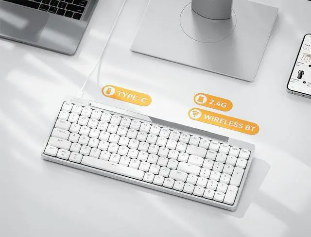 Alt view image 2 of 6 - Wireless Mechanical Keyboard, Ultra Slim 96%-100 Keys Low Profile Mechanical Keyboard, Bluetooth/2.4G/ Wired, White LED Backlight, Windows Mac Compatible Aluminum Keyboard- Brown Switch