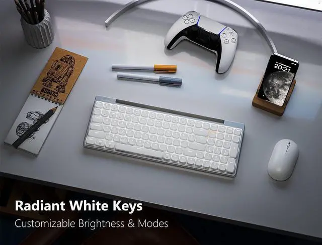 Alt view image 5 of 6 - Wireless Mechanical Keyboard, Ultra Slim 96%-100 Keys Low Profile Mechanical Keyboard, Bluetooth/2.4G/ Wired, White LED Backlight, Windows Mac Compatible Aluminum Keyboard- Brown Switch