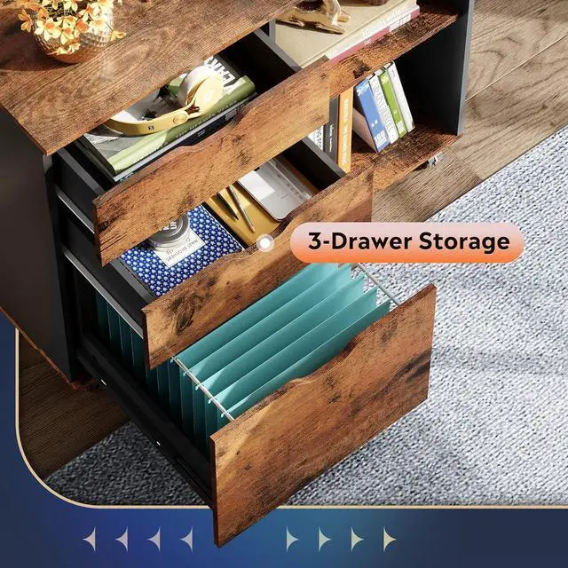 Alt view image 4 of 6 - 3-Drawer Wood File Cabinet, Mobile Lateral Filing Cabinet, Printer Stand with Open Storage Shelves for Home Office, Brown