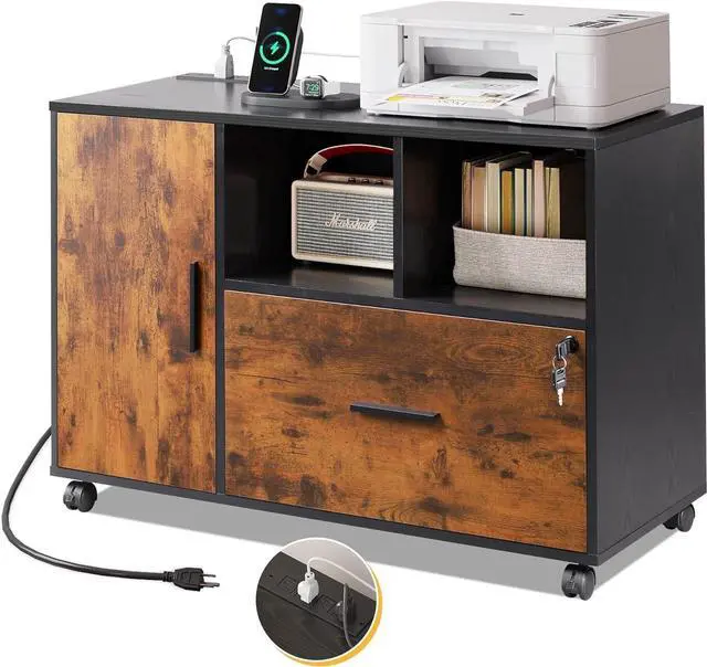 Main image of File Cabinet with Charging Station, 1 Drawer Rolling File Cabinet, Locking Filing Cabinet for Home Office, Printer Stand with Storage, Brown