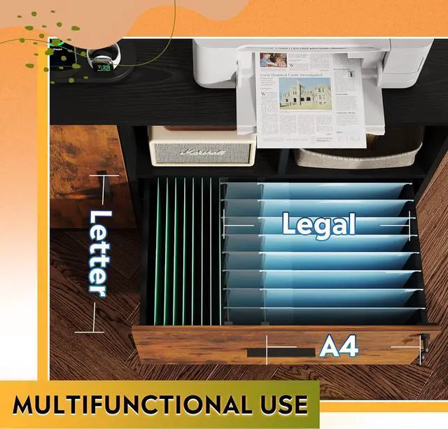 Alt view image 5 of 7 - File Cabinet with Charging Station, 1 Drawer Rolling File Cabinet, Locking Filing Cabinet for Home Office, Printer Stand with Storage, Brown