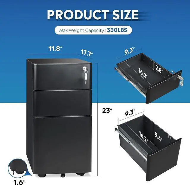 Alt view image 3 of 7 - 3-Drawer Slim File Cabinet, Vertical Filing Cabinet, Fully Assembled Except Casters, Black