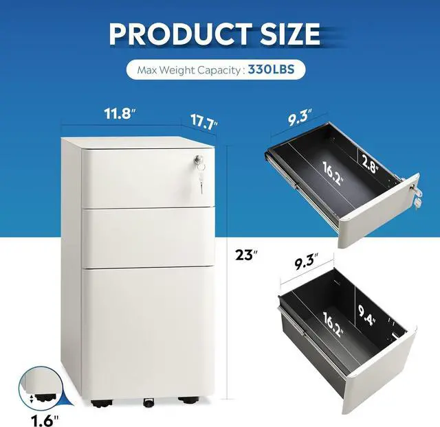 Alt view image 2 of 7 - 3-Drawer Slim File Cabinet, Vertical Filing Cabinet, Fully Assembled Except Casters, White