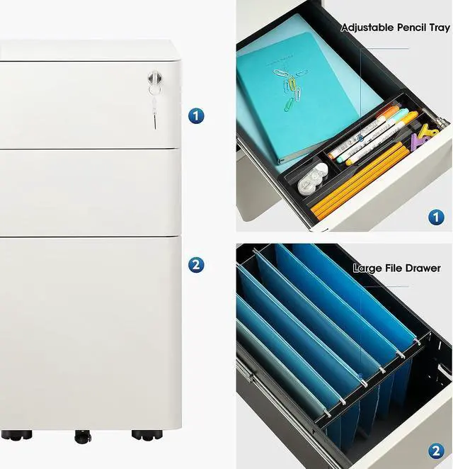Alt view image 4 of 7 - 3-Drawer Slim File Cabinet, Vertical Filing Cabinet, Fully Assembled Except Casters, White