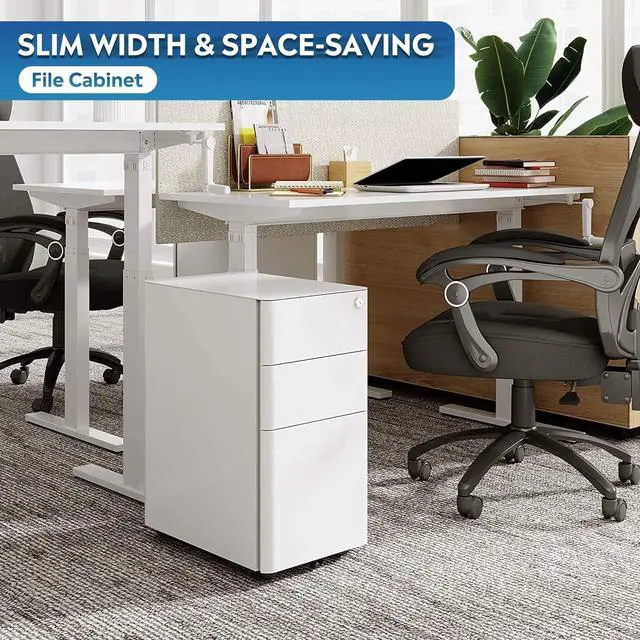 Alt view image 3 of 7 - 3-Drawer Slim File Cabinet, Vertical Filing Cabinet, Fully Assembled Except Casters, White