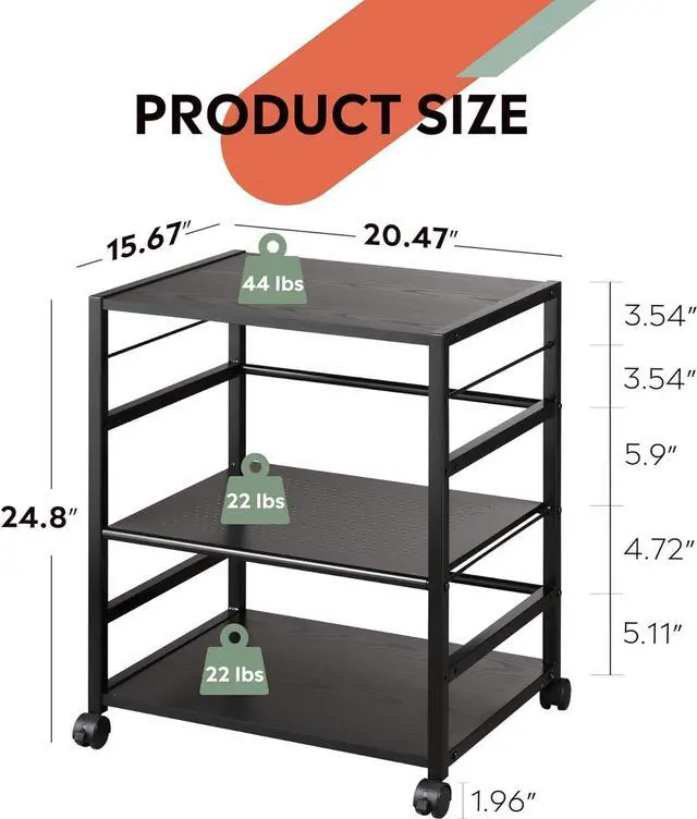 Alt view image 5 of 6 - Mobile 3-Shelf Printer Stand with Adjustable Shelves, Modern Printer Cart with Large Storage Space, Printer Stand for Home Office, Black