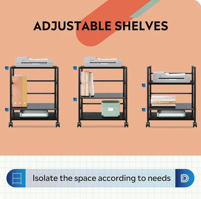 Alt view image 3 of 6 - Mobile 3-Shelf Printer Stand with Adjustable Shelves, Modern Printer Cart with Large Storage Space, Printer Stand for Home Office, Black