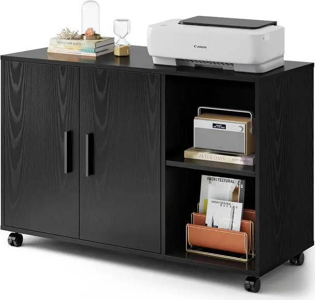 Main image of Rolling File Cabinet, Wood Storage Filing Cabinet with Dual Doors, Large Printer Stand on Lockable Wheels for Home Office, Black
