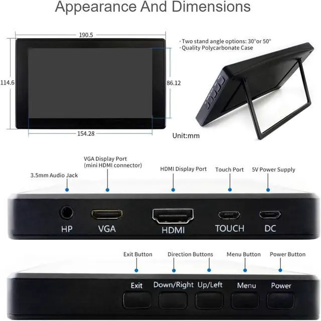 Alt view image 6 of 6 - 7inch HDMI LCD with Case for Raspberry Pi Capacitive Touchscreen 1024×600 IPS Display Screen Monitor Compatible with Raspberry Pi 4B/3B+/3B/Zero/Jetson Nano Support Windows 10/8.1/8/7