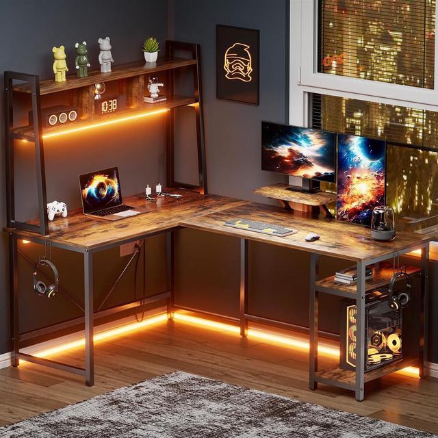 L Shaped Gaming Desk with Power Outlets & LED Lights, L- Shaped