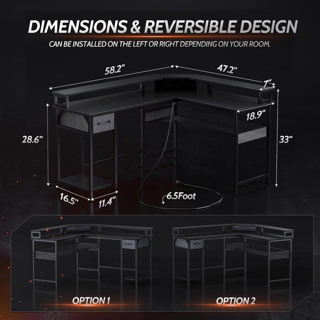 Gaming Desk 58 with LED Strip & Power Outlets, L-Shaped Computer