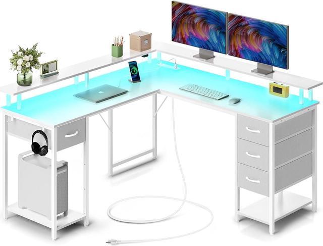 56 L Shaped Gaming Desk with LED Lights & Power Outlets