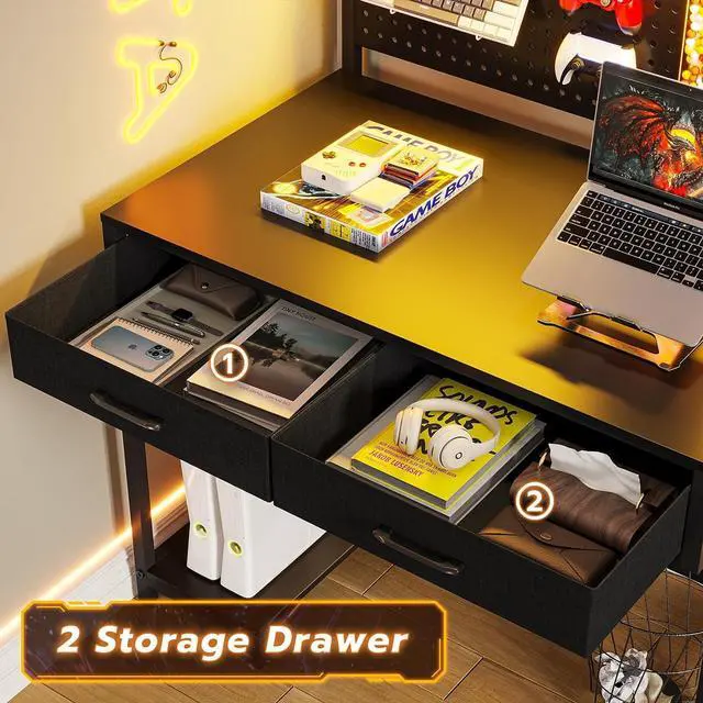 Alt view image 4 of 6 - 54.3" L Shaped Gaming Desk with LED Lights, Pegboard and Drawers, Gaming Desk with Hutch, Computer Desk with Monitor Stand, Storage Shelves, Home Office Desk Corner Desk, Gaming Table, Black