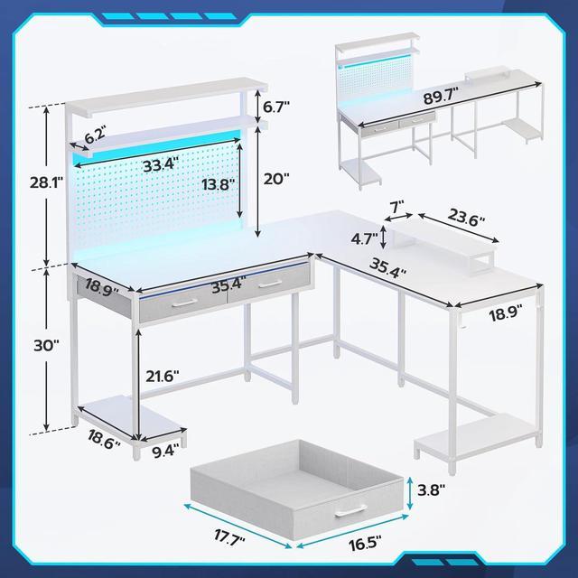 L Shaped Gaming Desk with LED Lights Pegboard and Drawers Corner