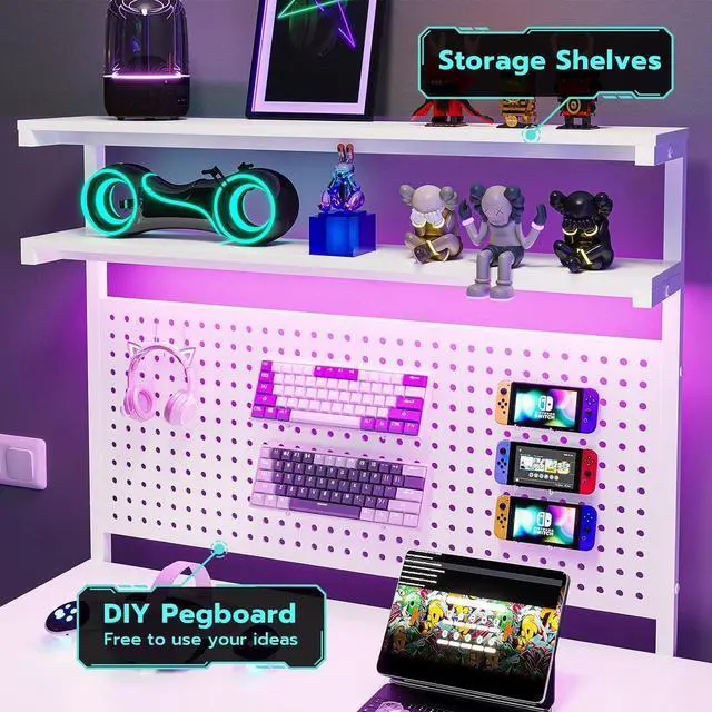 Alt view image 4 of 7 - 54.3" L Shaped Gaming Desk with LED Lights, Pegboard and Drawers, Gaming Desk with Hutch, Computer Desk with Monitor Stand, Storage Shelves, Home Office Desk Corner Desk, Gaming Table, White