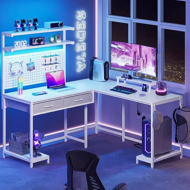 Alt view image 7 of 7 - 54.3" L Shaped Gaming Desk with LED Lights, Pegboard and Drawers, Gaming Desk with Hutch, Computer Desk with Monitor Stand, Storage Shelves, Home Office Desk Corner Desk, Gaming Table, White