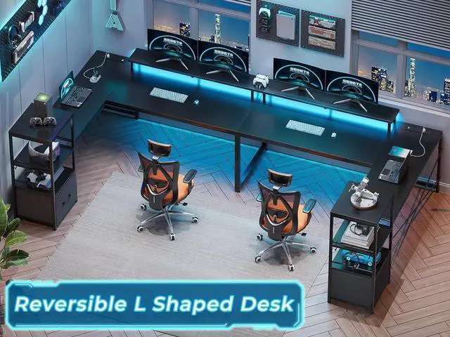 Alt view image 3 of 7 - 51" L Shaped Gaming Desk, Computer Desk with Storage Shelves, Gamer Desk with Power Outlets & LED Lights, Fabric Drawer, Monitor Stand and Hooks, Black