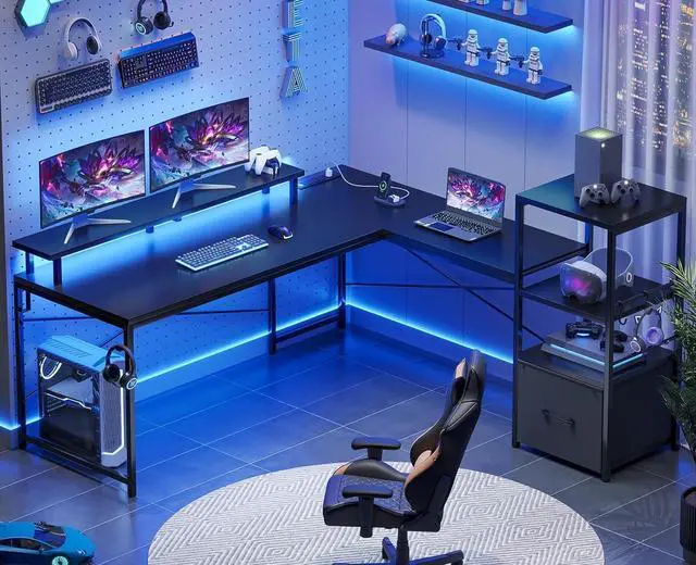 Main image of 51" L Shaped Gaming Desk, Computer Desk with Storage Shelves, Gamer Desk with Power Outlets & LED Lights, Fabric Drawer, Monitor Stand and Hooks, Black