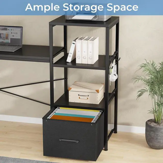 Alt view image 6 of 7 - 51" L Shaped Gaming Desk, Computer Desk with Storage Shelves, Gamer Desk with Power Outlets & LED Lights, Fabric Drawer, Monitor Stand and Hooks, Black