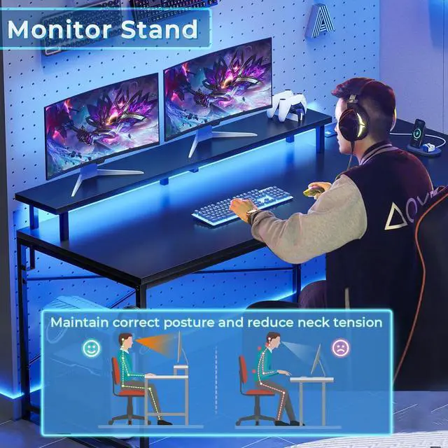 Alt view image 5 of 7 - 51" L Shaped Gaming Desk, Computer Desk with Storage Shelves, Gamer Desk with Power Outlets & LED Lights, Fabric Drawer, Monitor Stand and Hooks, Black