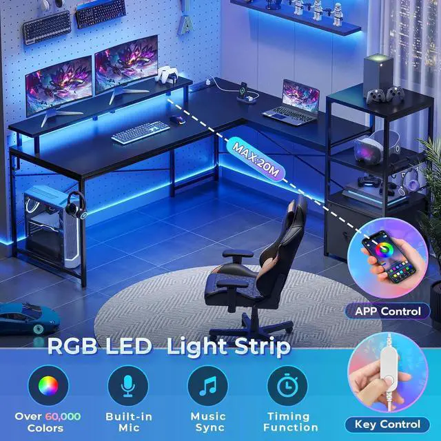 Alt view image 7 of 7 - 51" L Shaped Gaming Desk, Computer Desk with Storage Shelves, Gamer Desk with Power Outlets & LED Lights, Fabric Drawer, Monitor Stand and Hooks, Black