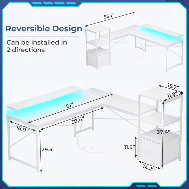 Alt view image 2 of 6 - 51" L Shaped Gaming Desk, Computer Desk with Storage Shelves, Gamer Desk with Power Outlets & LED Lights, Fabric Drawer, Monitor Stand and Hooks, White