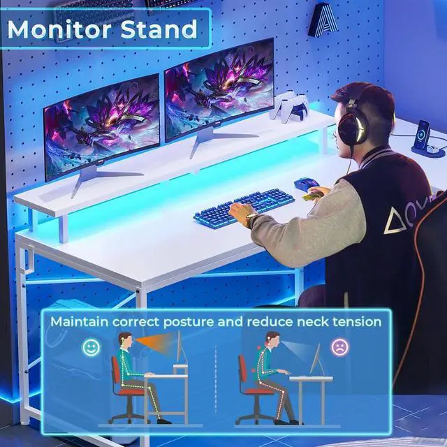 Alt view image 5 of 6 - 51" L Shaped Gaming Desk, Computer Desk with Storage Shelves, Gamer Desk with Power Outlets & LED Lights, Fabric Drawer, Monitor Stand and Hooks, White