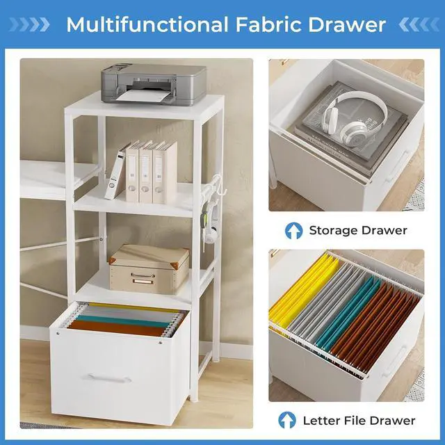 Alt view image 3 of 6 - 51" L Shaped Gaming Desk, Computer Desk with Storage Shelves, Gamer Desk with Power Outlets & LED Lights, Fabric Drawer, Monitor Stand and Hooks, White