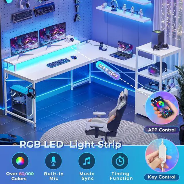 Alt view image 6 of 6 - 51" L Shaped Gaming Desk, Computer Desk with Storage Shelves, Gamer Desk with Power Outlets & LED Lights, Fabric Drawer, Monitor Stand and Hooks, White