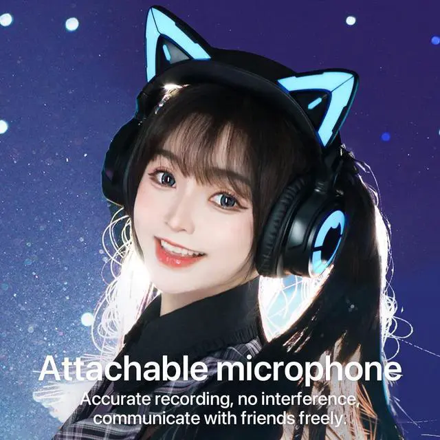 Alt view image 3 of 7 - YOWU RGB Cat Ear Headphone 4, Upgraded Wireless & Wired Gaming Headset with Attachable HD Microphone -Active Noise Reduction, Dual-Channel Stereo & Customizable Lighting and Effect via APP (Black)