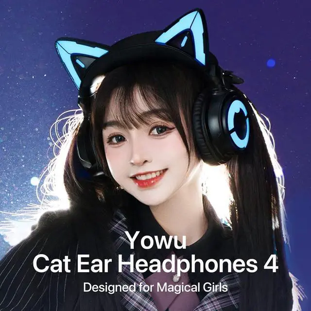 Alt view image 2 of 7 - YOWU RGB Cat Ear Headphone 4, Upgraded Wireless & Wired Gaming Headset with Attachable HD Microphone -Active Noise Reduction, Dual-Channel Stereo & Customizable Lighting and Effect via APP (Black)