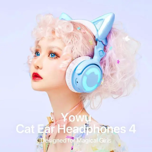 Alt view image 2 of 7 - YOWU RGB Cat Ear Headphone 4, Upgraded Wireless & Wired Gaming Headset with Attachable HD Microphone -Active Noise Reduction, Dual-Channel Stereo & Customizable Lighting and Effect via APP (Blue)
