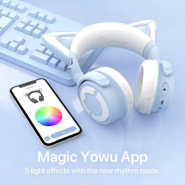 Alt view image 5 of 7 - YOWU RGB Cat Ear Headphone 4, Upgraded Wireless & Wired Gaming Headset with Attachable HD Microphone -Active Noise Reduction, Dual-Channel Stereo & Customizable Lighting and Effect via APP (Blue)